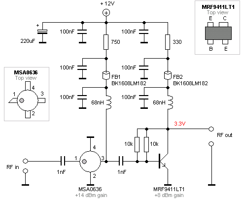 This schematic show a simple amplifier for TR1001 based on MMIC and a transistor.